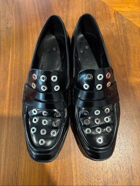 3.1 Phillip Lim Black Patent Leather Loafers with Silver Eyelet Detail